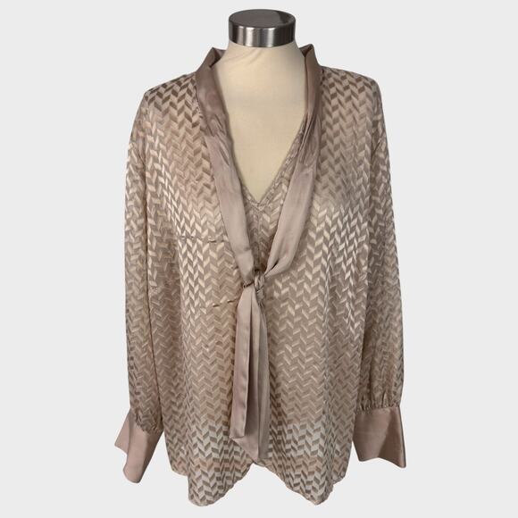 Worhington Womens 2X V Neck Tie Long Sleeve Semi Sheer Blouse Top - Picture 1 of 10